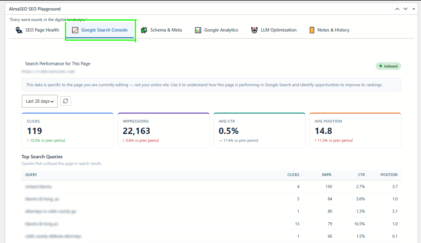 Google Search Console for the page you are editing — clicks, impressions, CTR, average position, and the queries that surfaced it. (Requires an AlmaSEO account.)