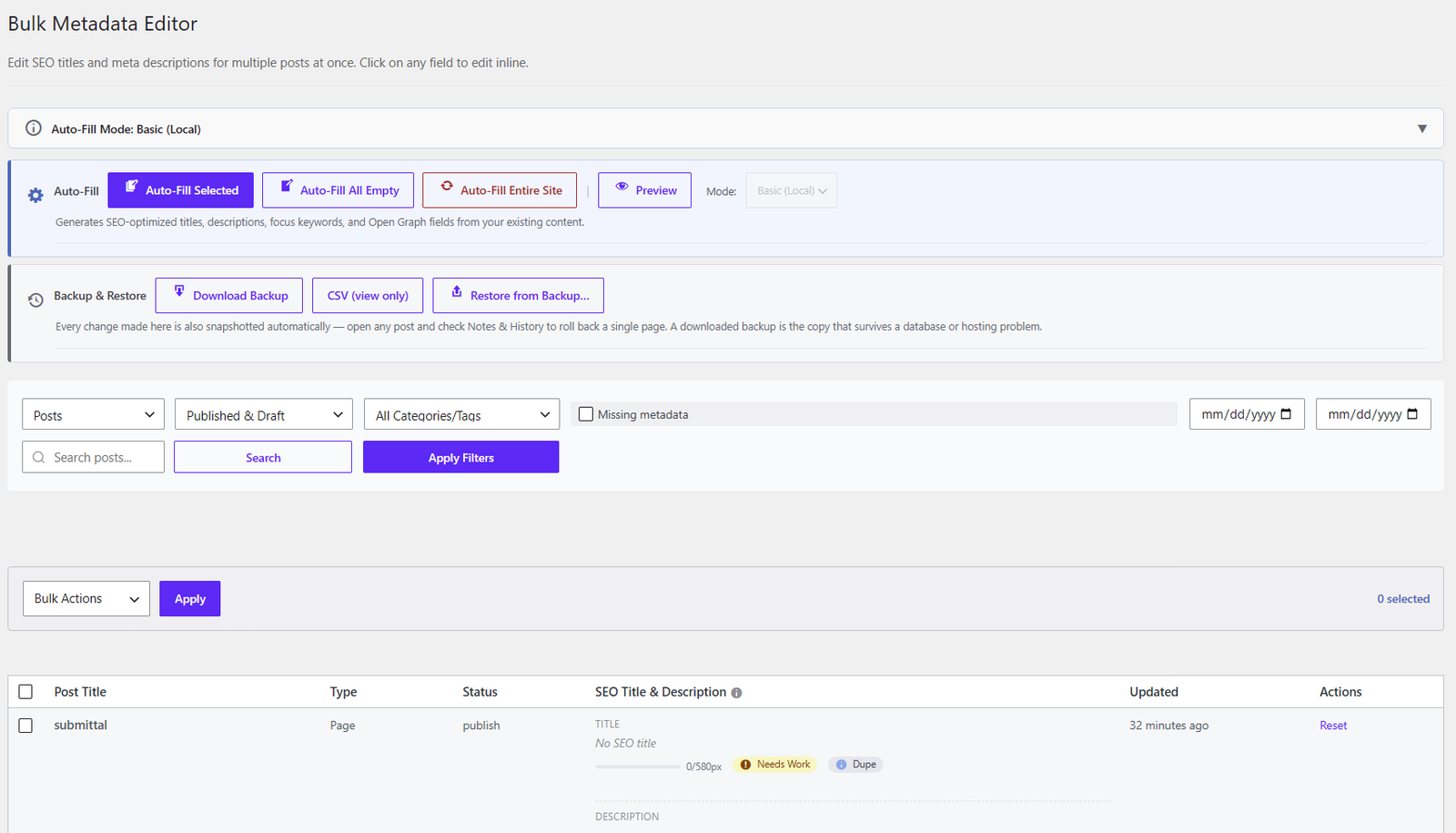 Bulk Metadata Editor edits SEO titles and descriptions for many posts at once, fills the empty ones from your existing content, and takes a backup you can download before you start.