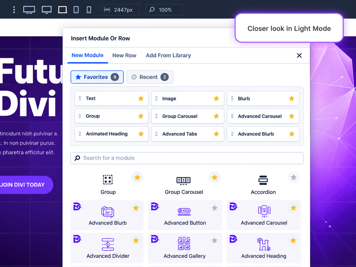Closer look at Favorites and Recent in Divi 5 light mode.