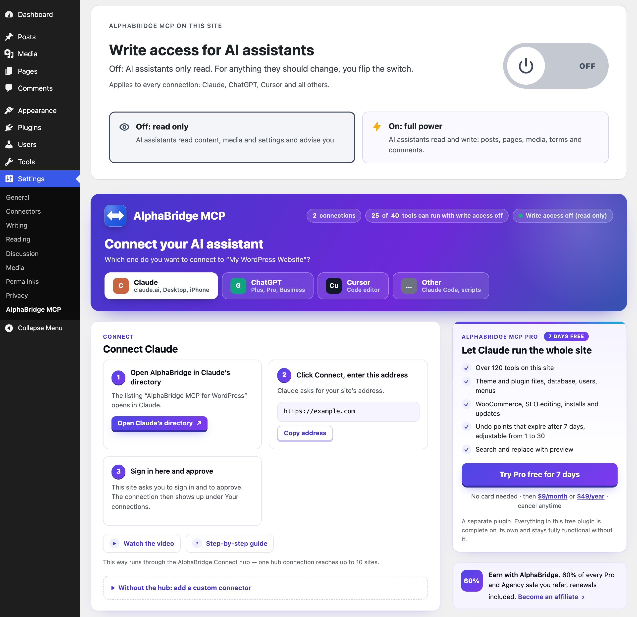 At the top, the main switch for write access, off until you turn it on. Below it, pick your assistant — Claude, ChatGPT, Cursor or another client — and follow its steps: for Claude a direct link into its connector directory, this site's address to copy, the video and the guide. A token is created only where one is needed.
