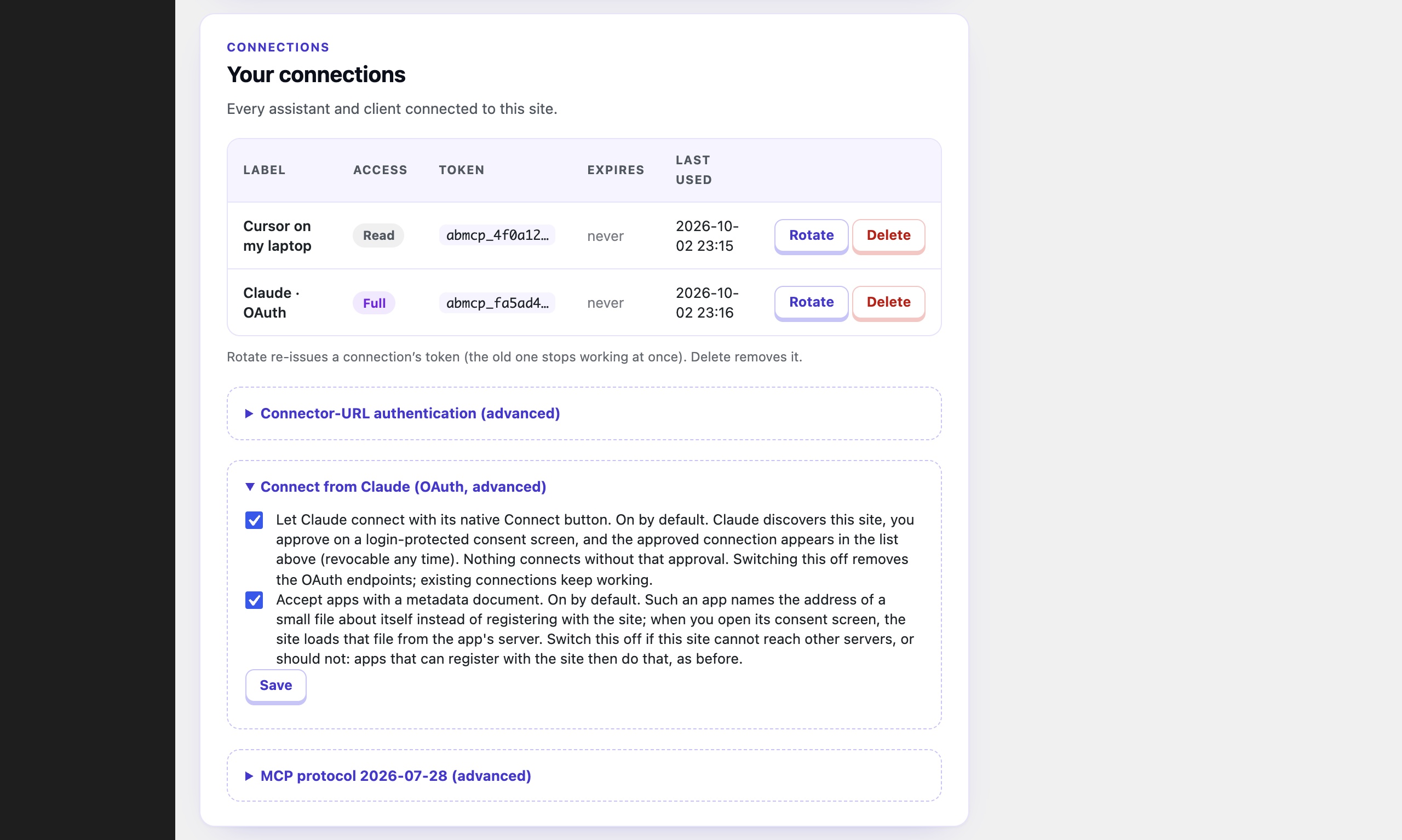Connect from Claude is on by default: Claude discovers the site, you approve on a login-protected consent screen, and the approved connection appears in the list, revocable any time. Switching it off removes the OAuth endpoints. A second box lets apps identify themselves with a metadata document instead of registering.
