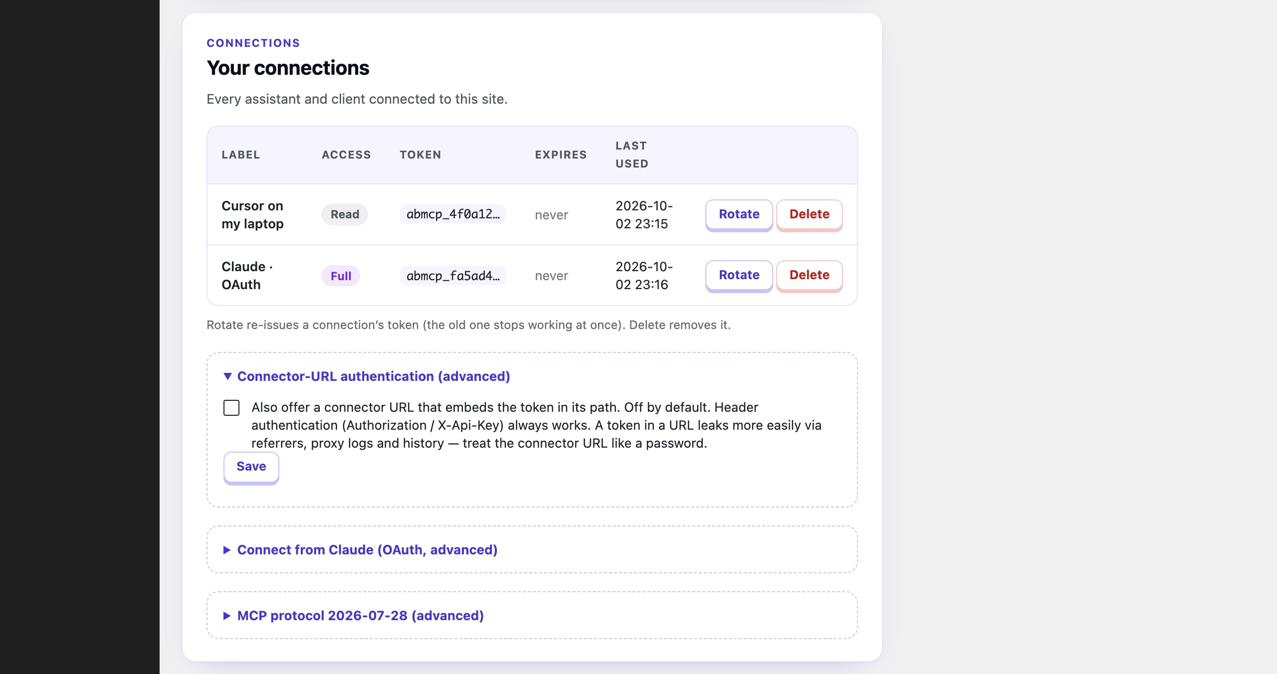 Connector-URL authentication is off by default, because a token in a URL leaks more easily than one in a header; the setting explains the trade-off before you switch it on.