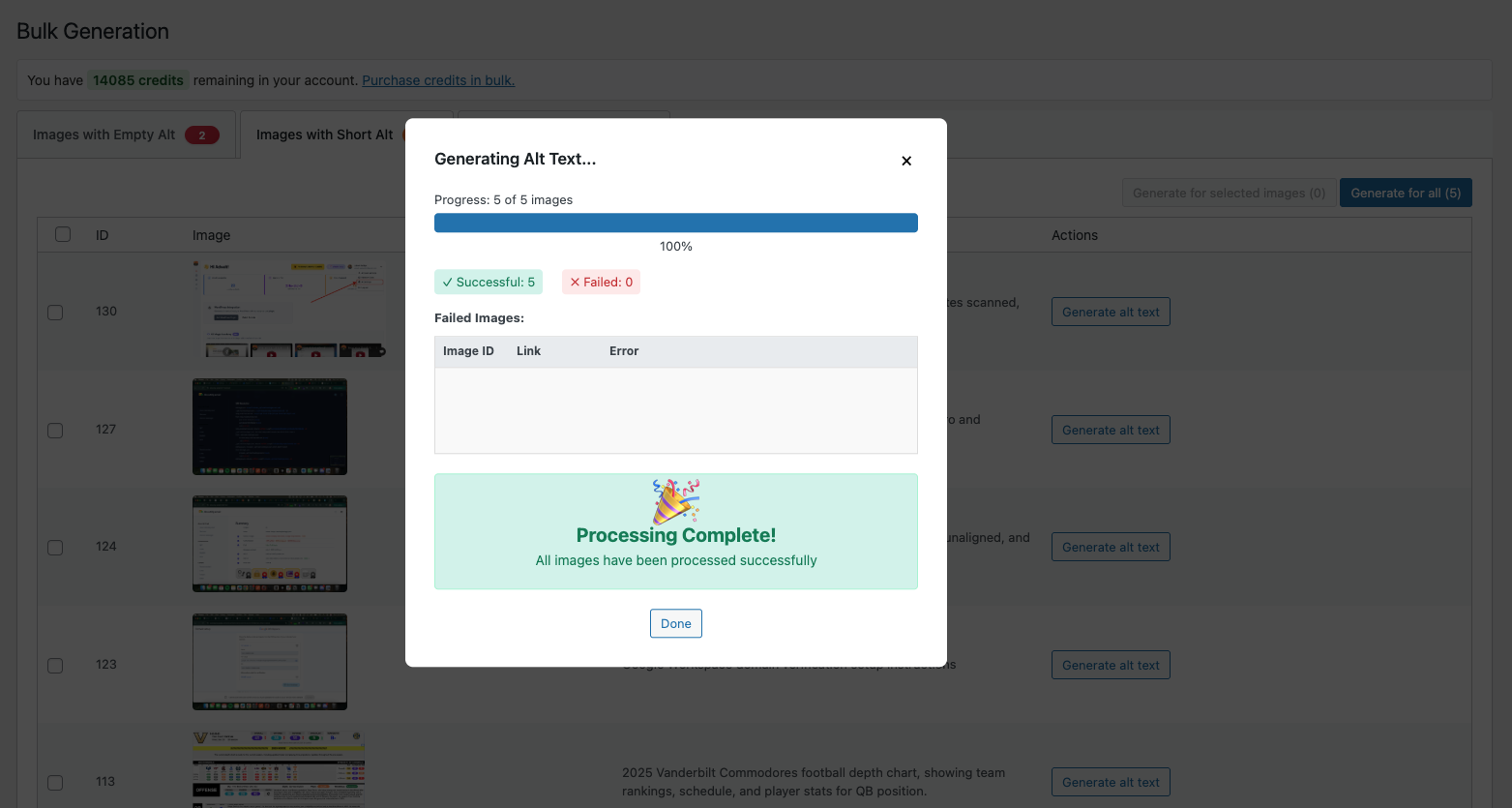 Bulk alt text generation with enhanced controls