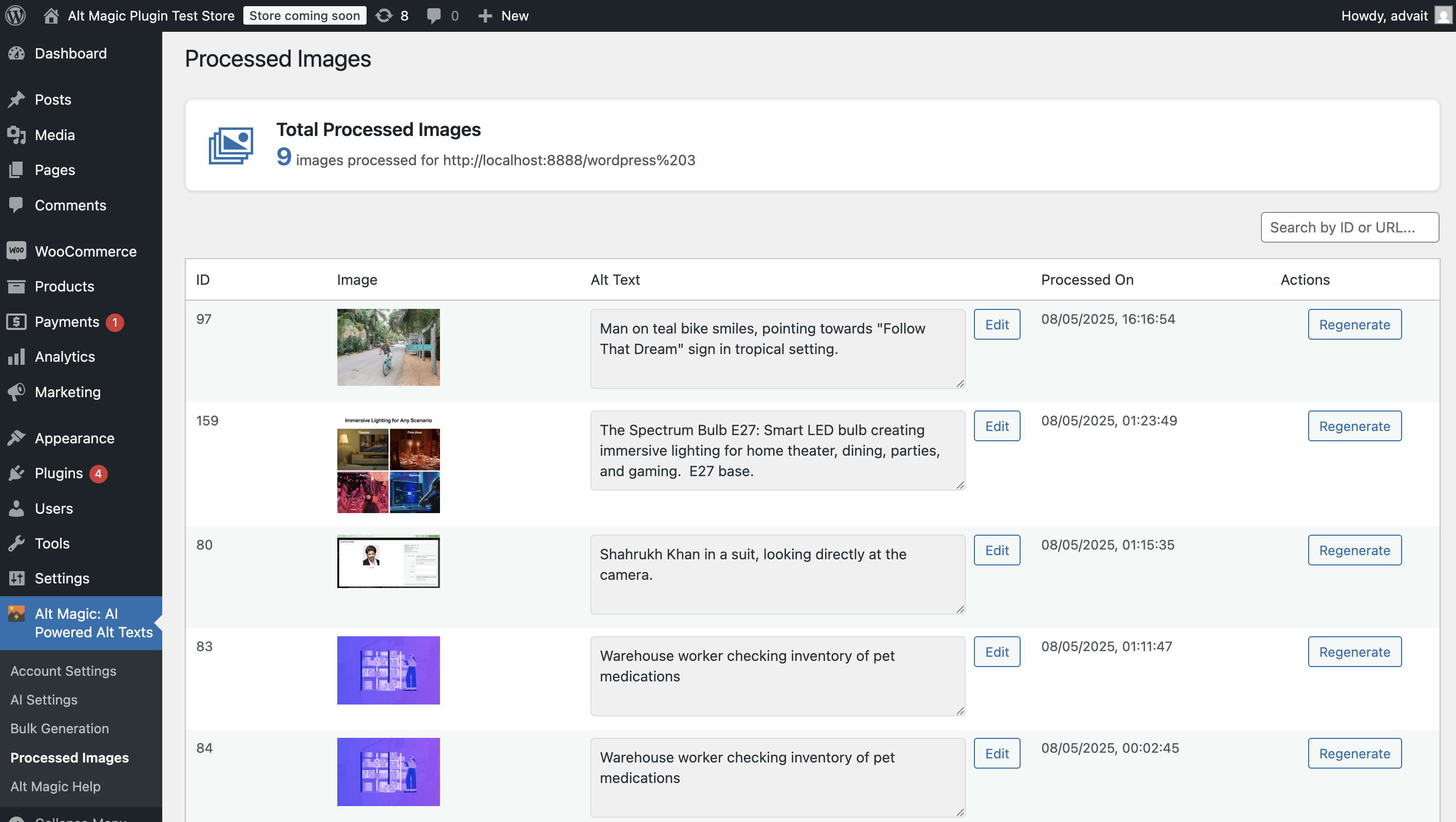 Processed Images history page for viewing and managing generated alt texts