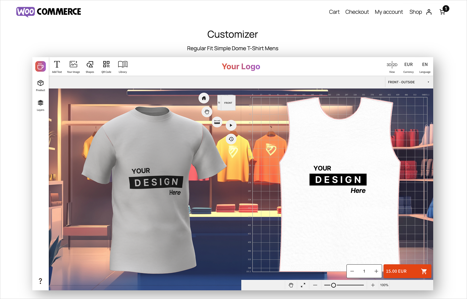 Embed the product customizer directly on WooCommerce product pages, with custom branding, backgrounds, and real-time dynamic pricing.