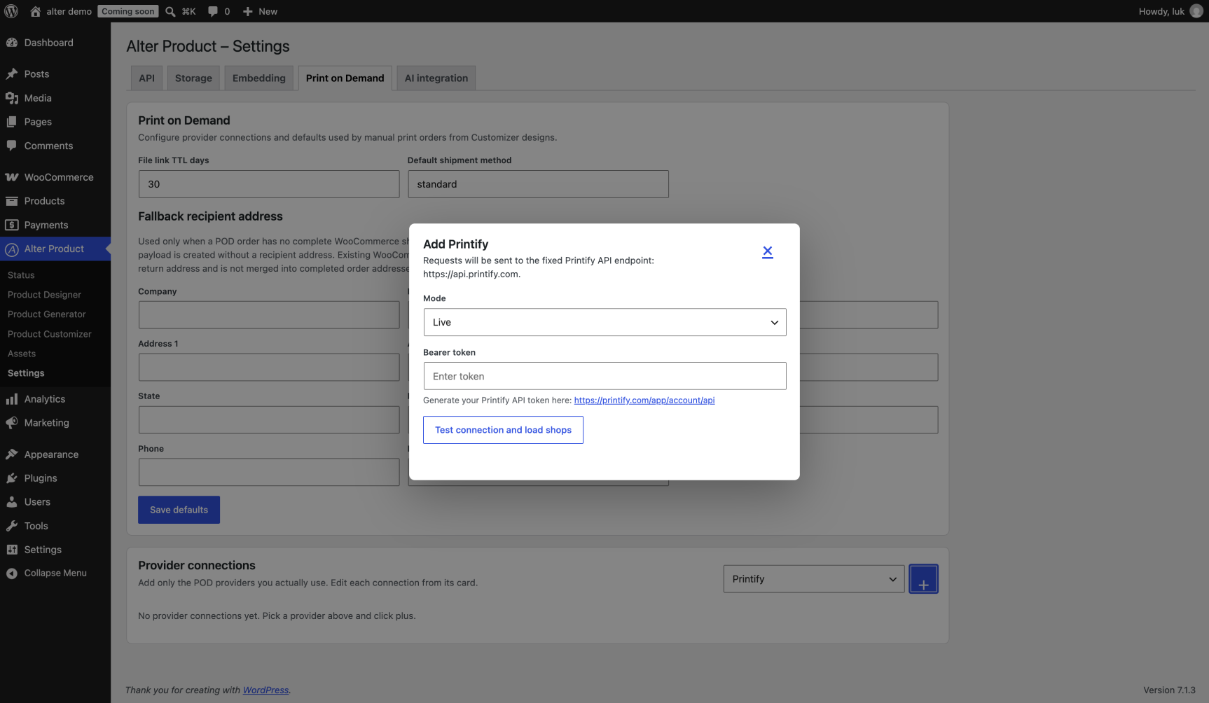 Print-on-demand integration for connecting providers such as Printify and Printful and sending WooCommerce orders directly for fulfillment.