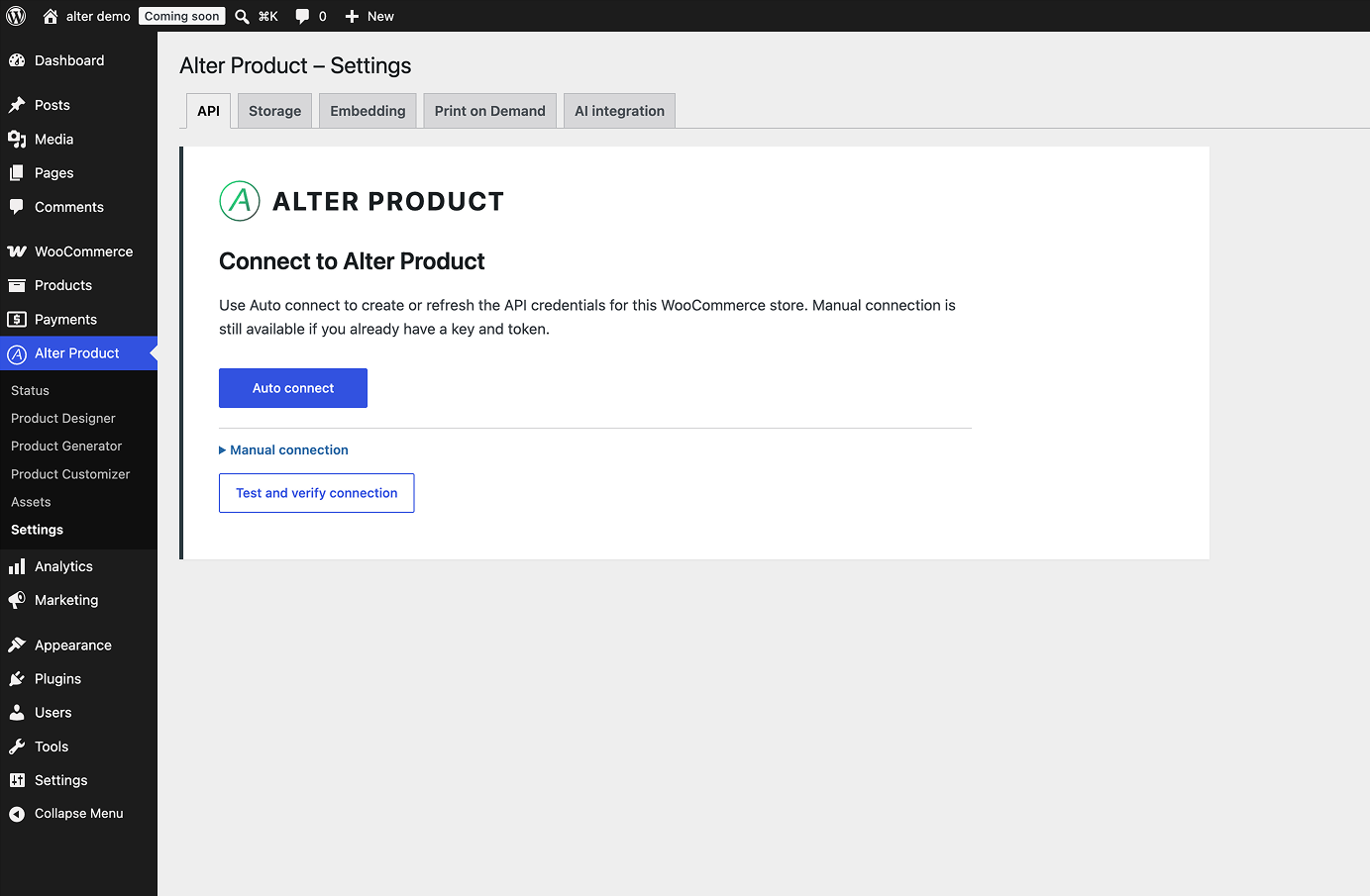Easily connect your WooCommerce store to your Alter Product account using automatic or manual API setup.