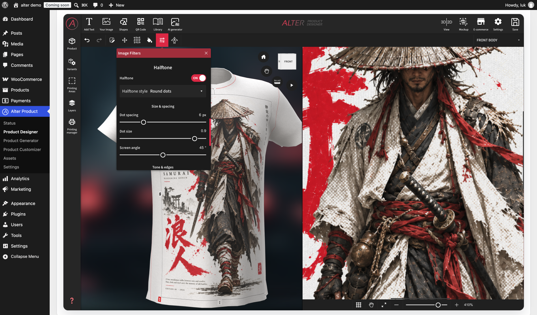 Powerful, easy-to-use layer tools with effects such as halftone and vectorization, available to both administrators and customers.