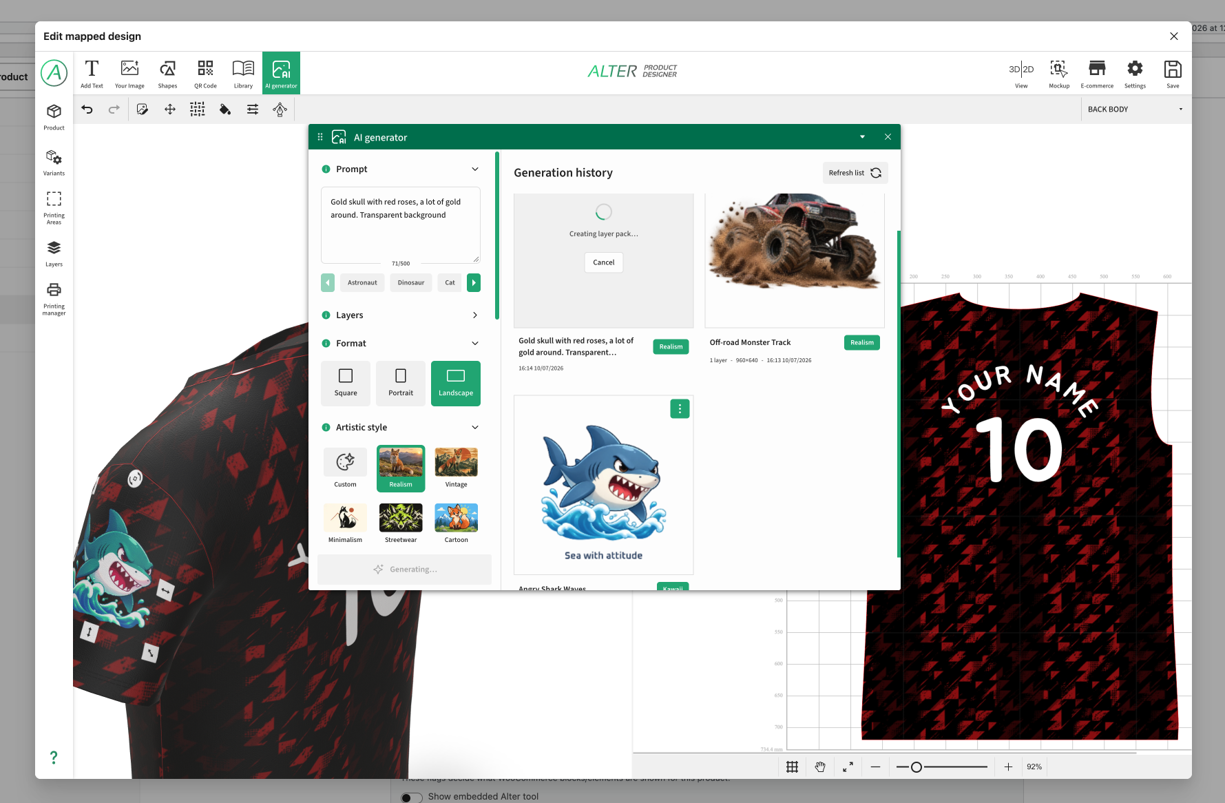 Built-in AI tools for generating images, text, and other creative content directly in the product designer, powered through your own API keys (BYOK) or the WordPress AI integration.