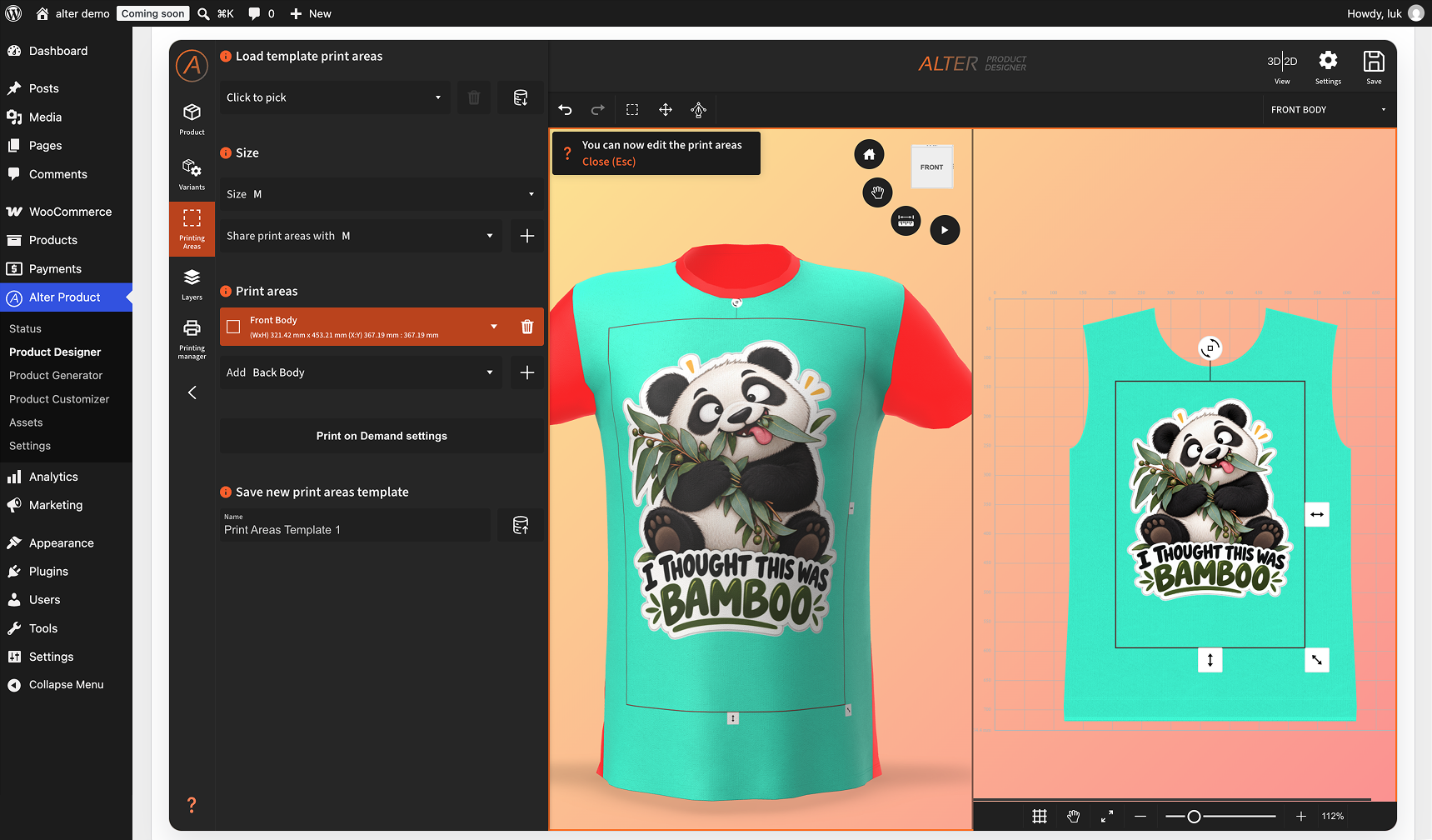 Define and edit print areas directly on the 3D product model, including custom vector shapes, and sync them with WooCommerce product variations.