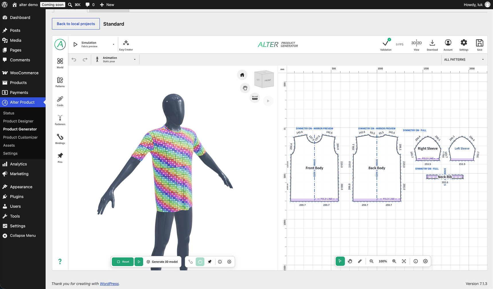 Powerful 3D model generator with physics-based simulations for creating product models, including support for all-over print (AOP) workflows.