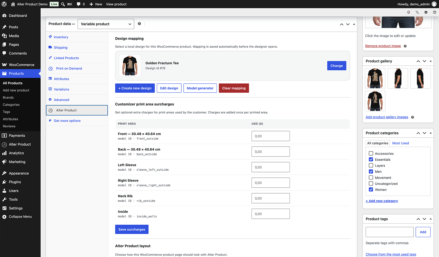 Map WooCommerce products to Alter Product projects directly from the product editor, with print-area surcharges and product layout options.