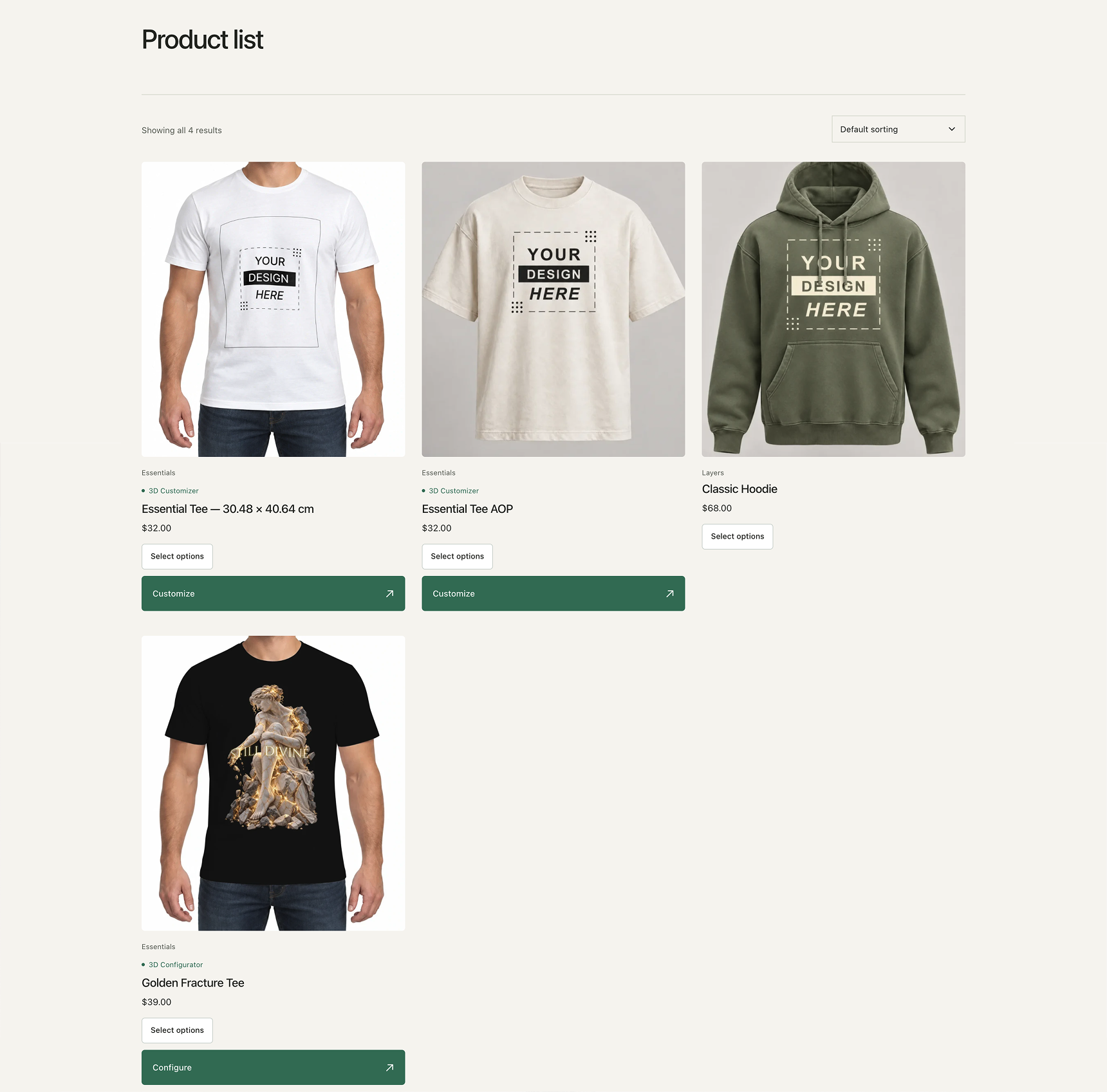 WooCommerce product listing with customization buttons that can be enabled per mapped product, alongside standard products.