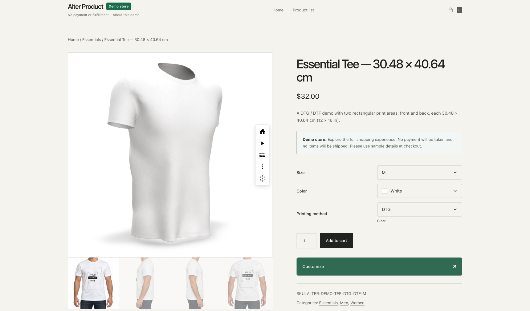 Embed the interactive 3D product viewer directly in the WooCommerce product gallery alongside mockups generated with Alter Product Mockup Generator.