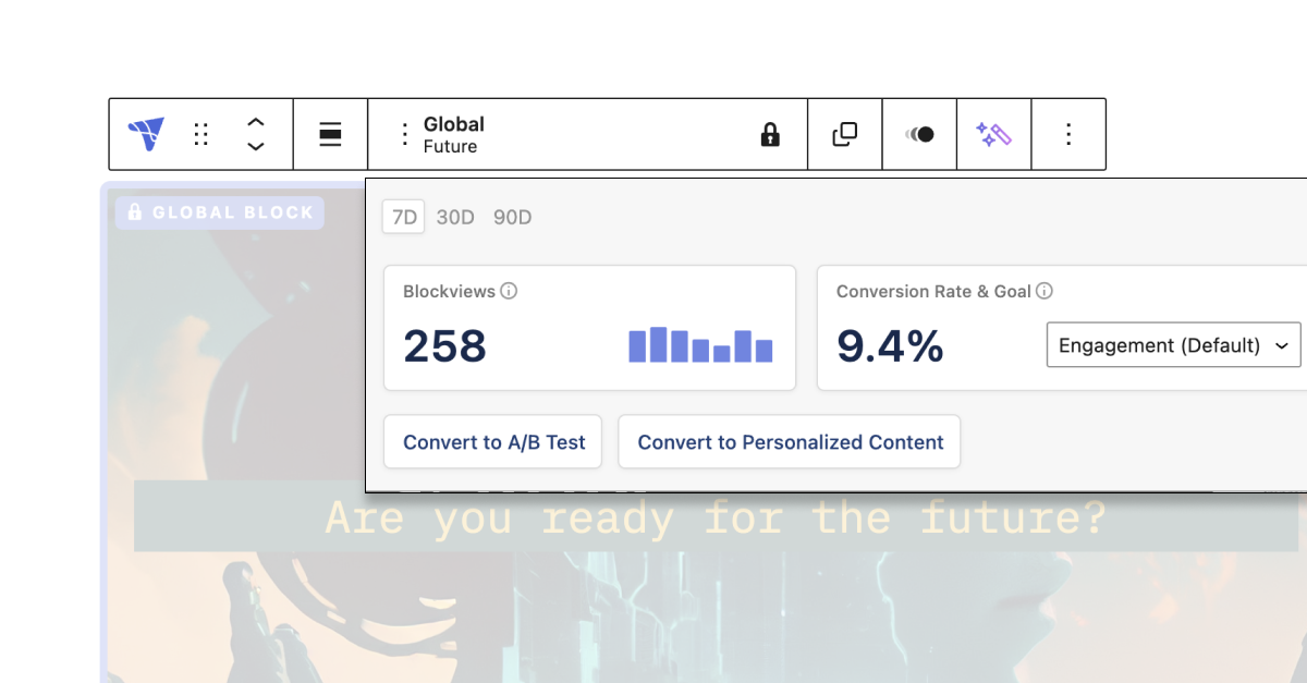 Synced Patterns, with one click any block shows our native analytics with event-tracking of your choice.