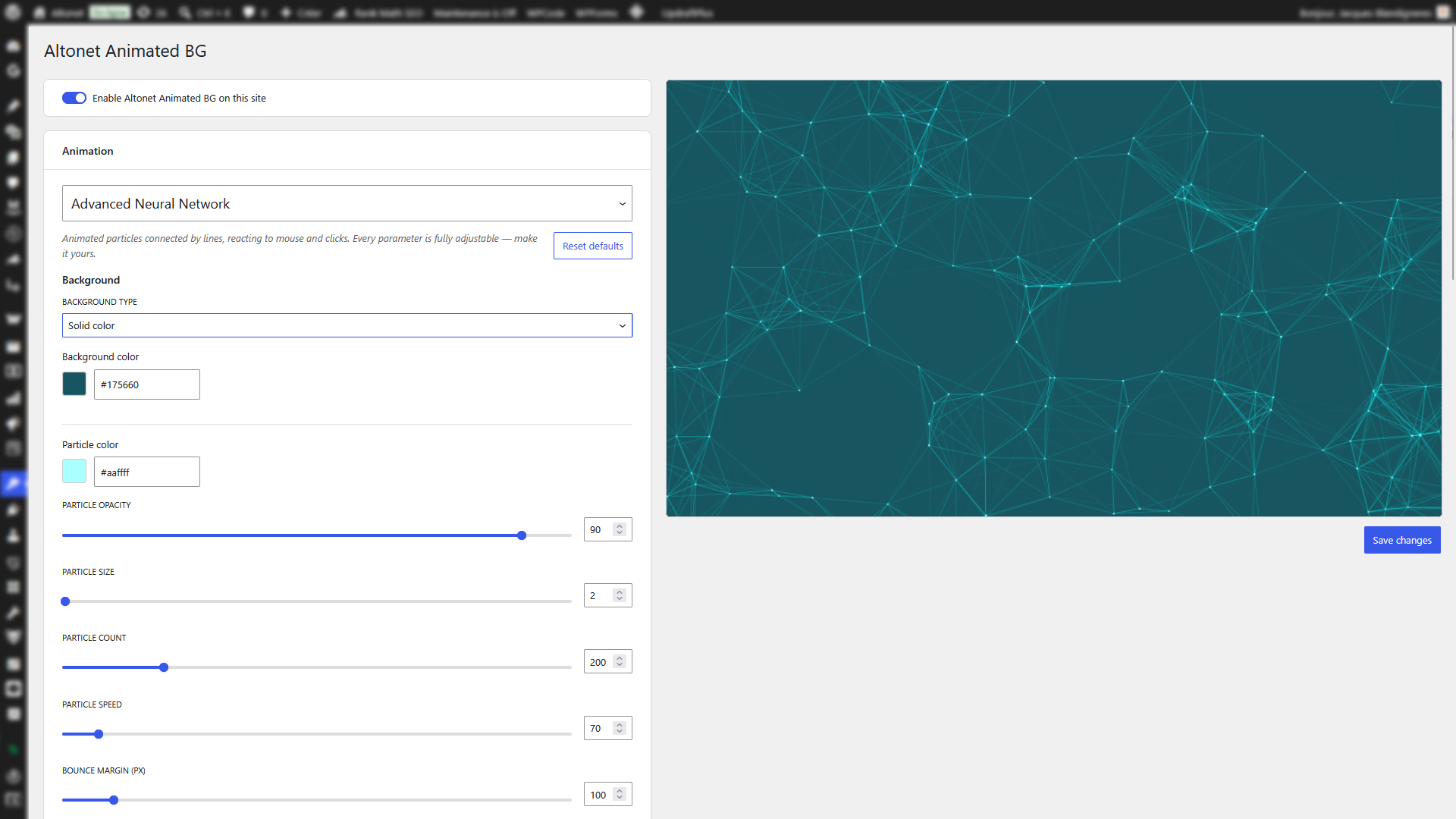 The admin panel — pick an effect, tweak any parameter, see the result instantly.