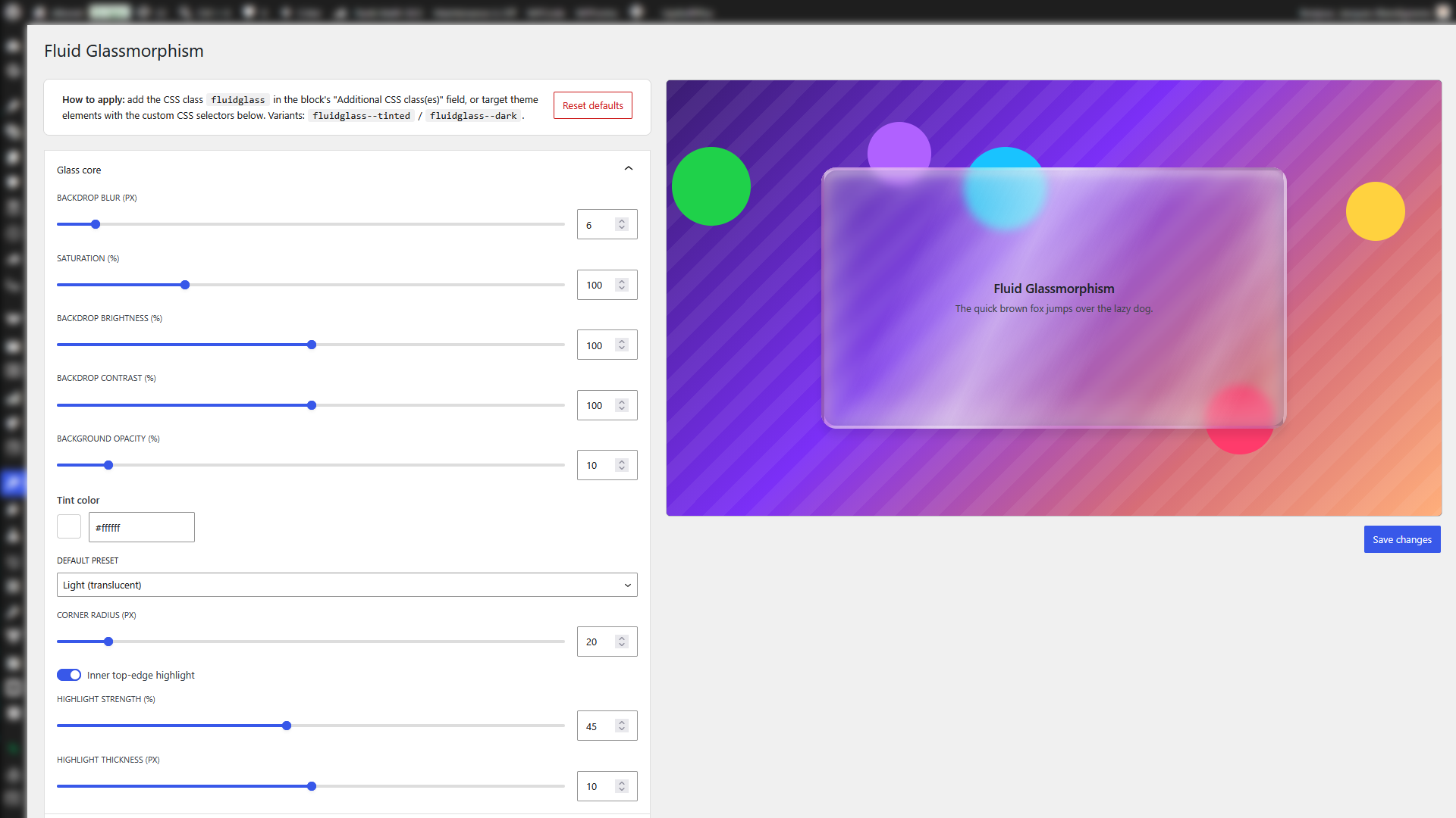The settings page: every parameter of the glass engine with a live preview.