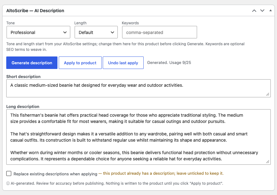 The AltoScribe box on a product: generate a short and long description, choose tone and length, review and edit, then apply. Existing copy is never overwritten unless you ask.