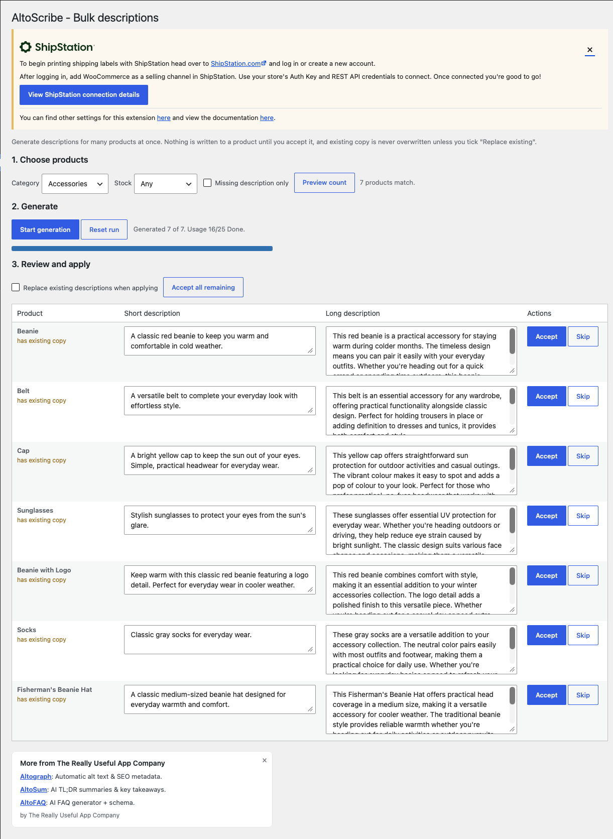 The bulk screen: filter your catalogue, generate descriptions for many products at once, and accept, skip or edit each result in the review grid.