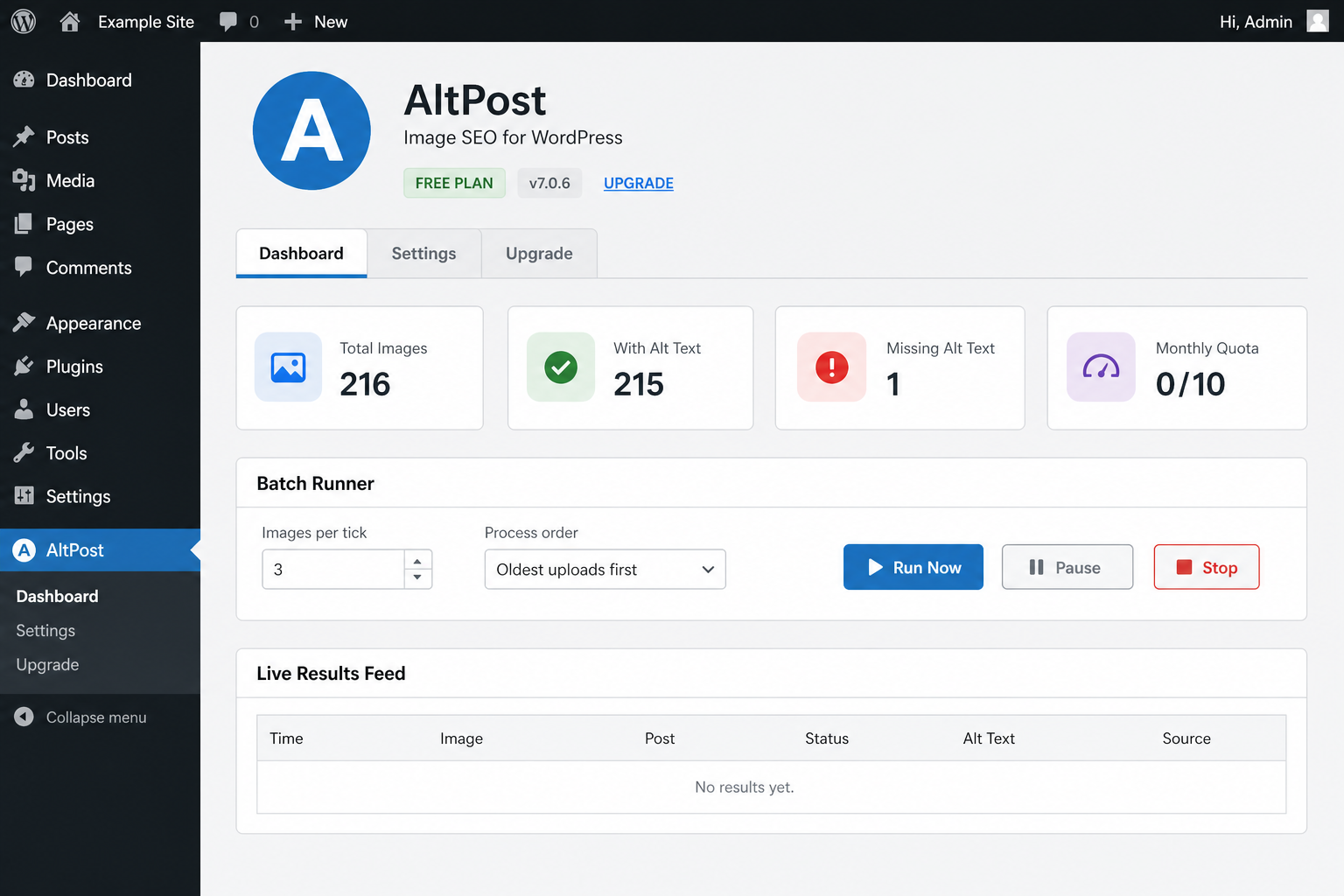 Dashboard — batch runner, image stats, monthly quota, and live results feed