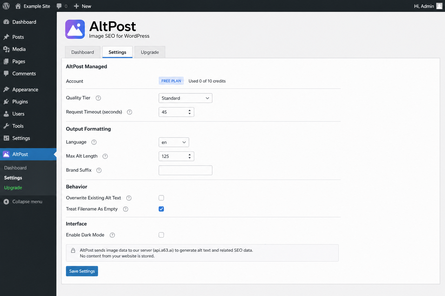 Settings — AltPost Managed account, quality tier, and privacy disclosure