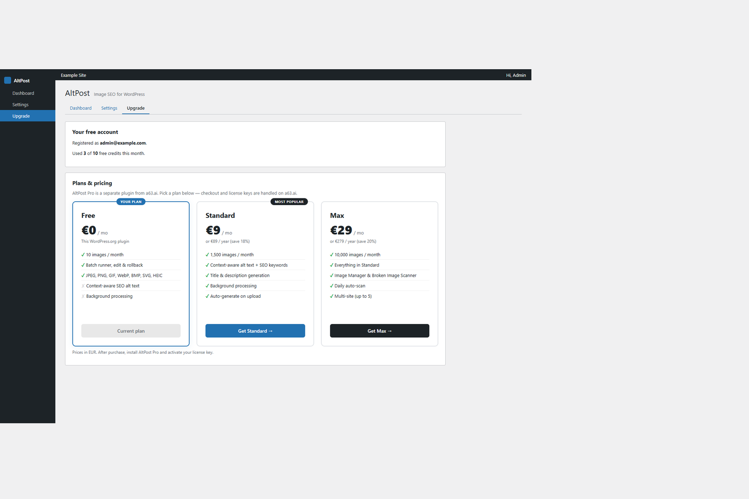 Upgrade — free account summary with Free / Standard / Max pricing (AltPost Pro is a separate plugin)
