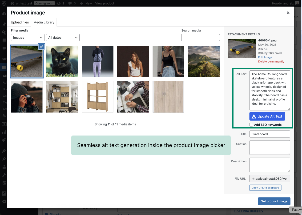 Generate alt text directly inside the WooCommerce product image picker