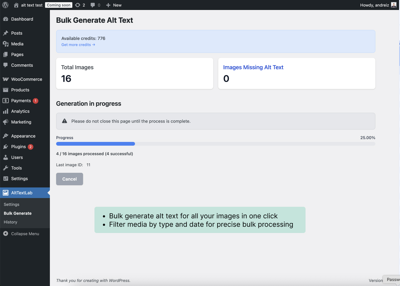 Bulk generate alt text for all media files with filtering options