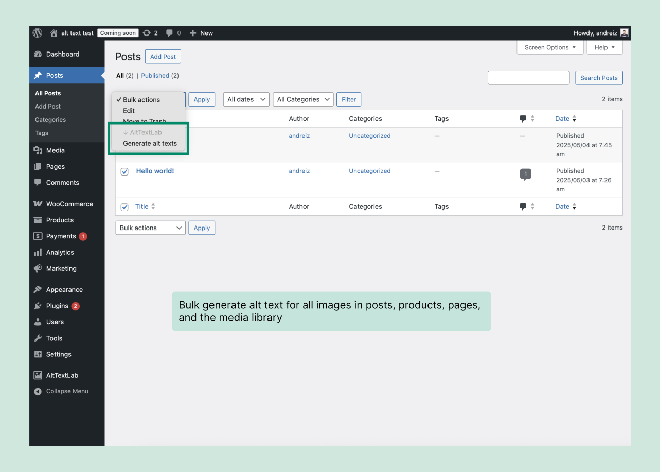 Bulk generate alt text for all media files with filtering options
