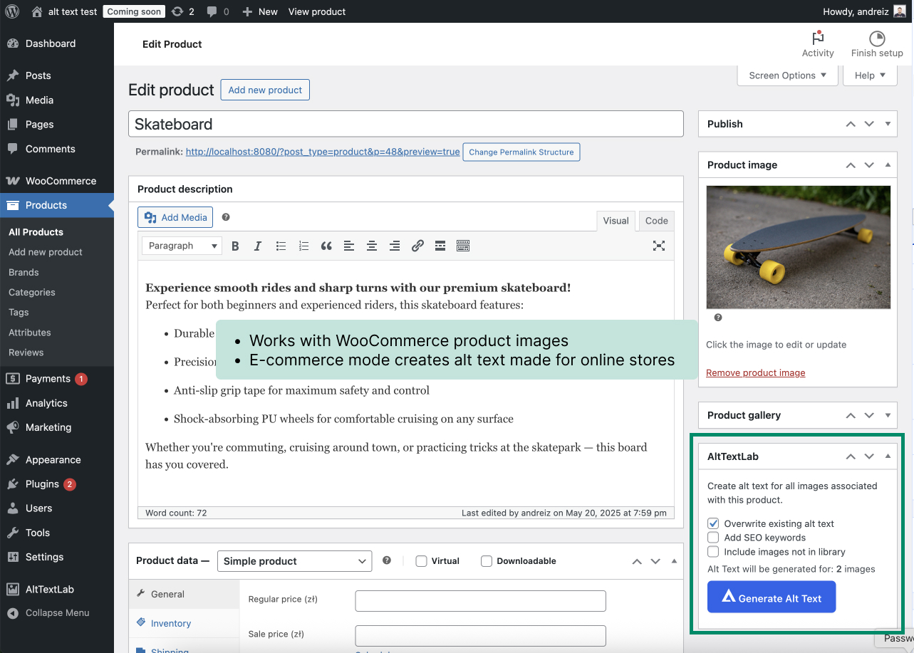 Alt text generation for WooCommerce product images using E-commerce mode