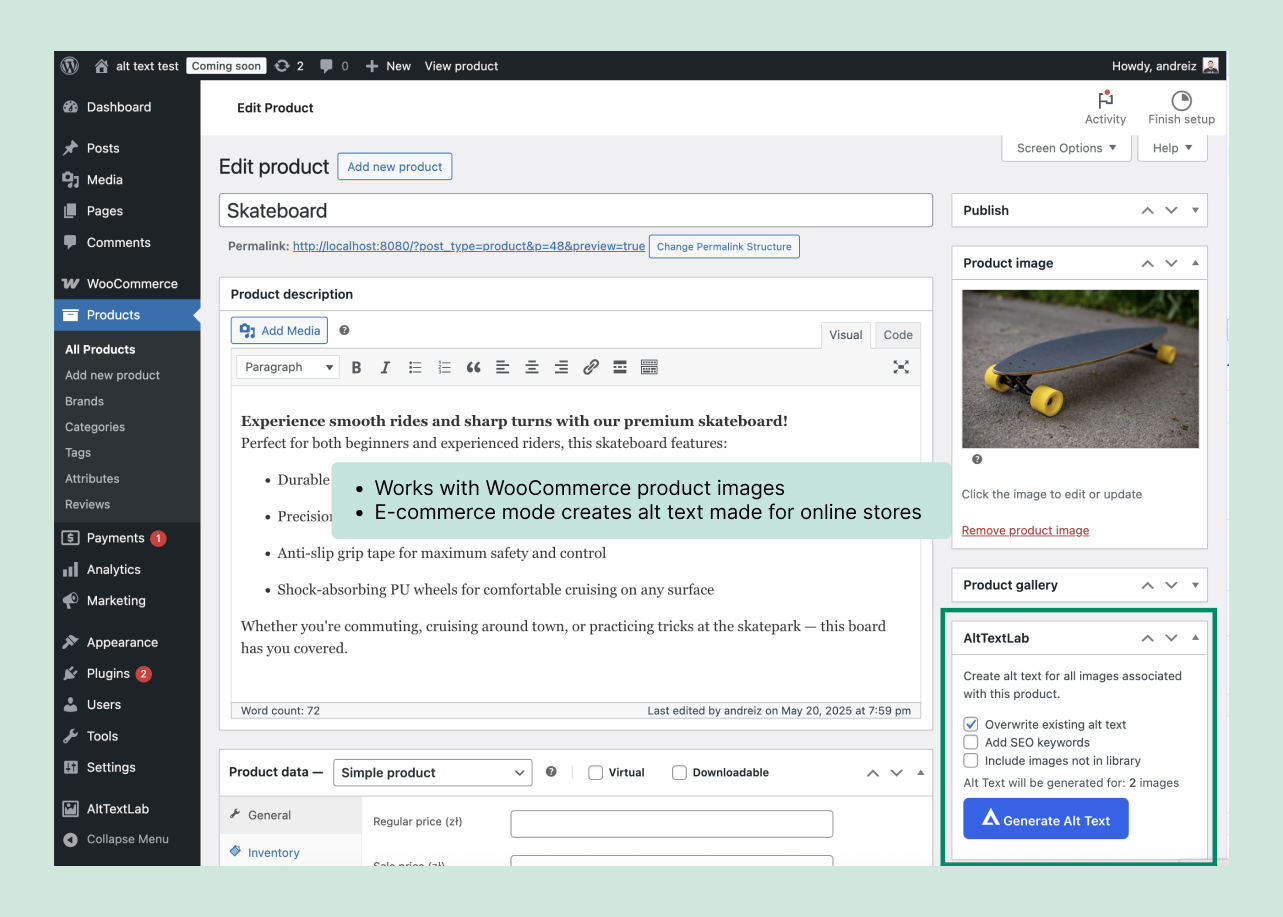 Alt text generation for WooCommerce product images using E-commerce mode