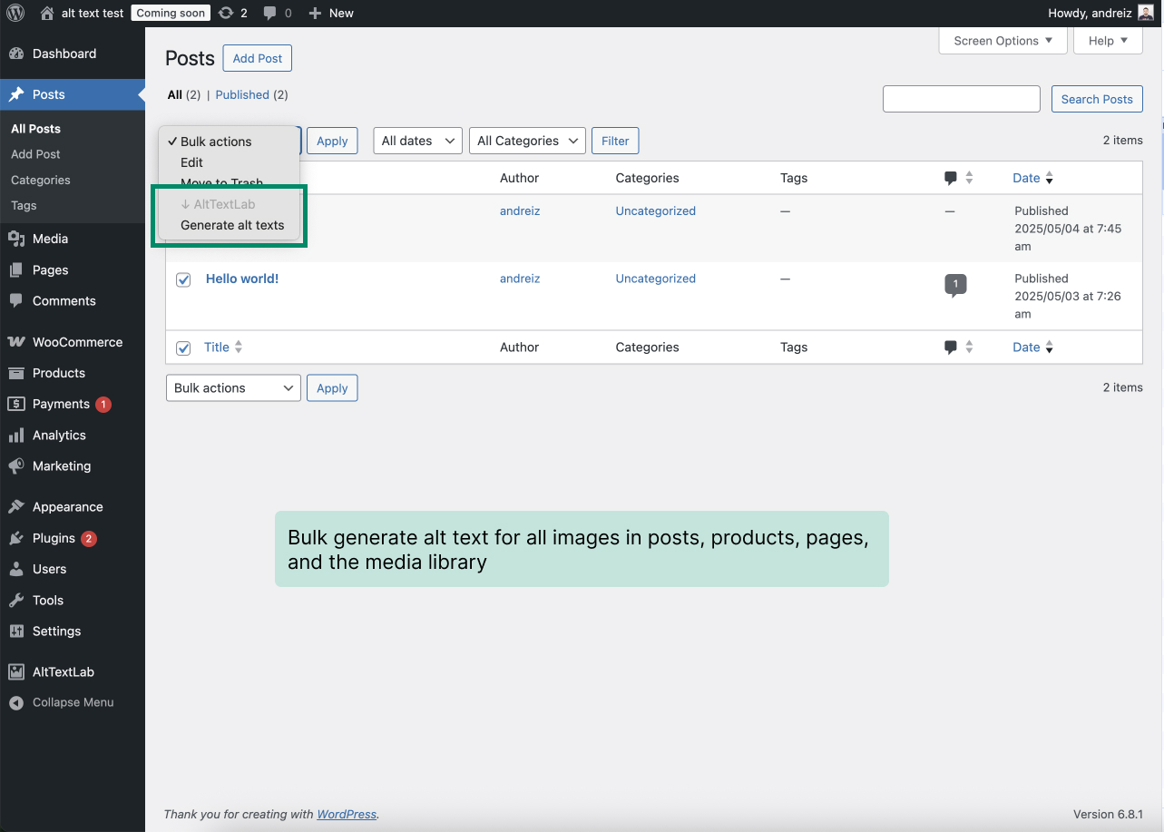 Bulk generate alt text for all images in posts, products, and pages