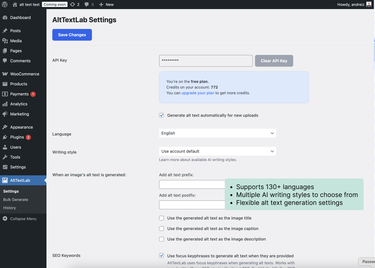 Customize language, writing style, and SEO settings for alt text generation