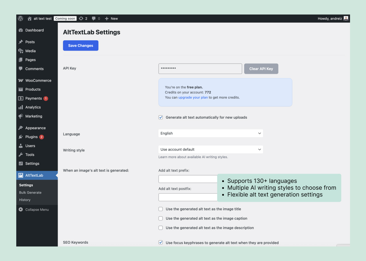 Customize language, writing style, and SEO settings for alt text generation