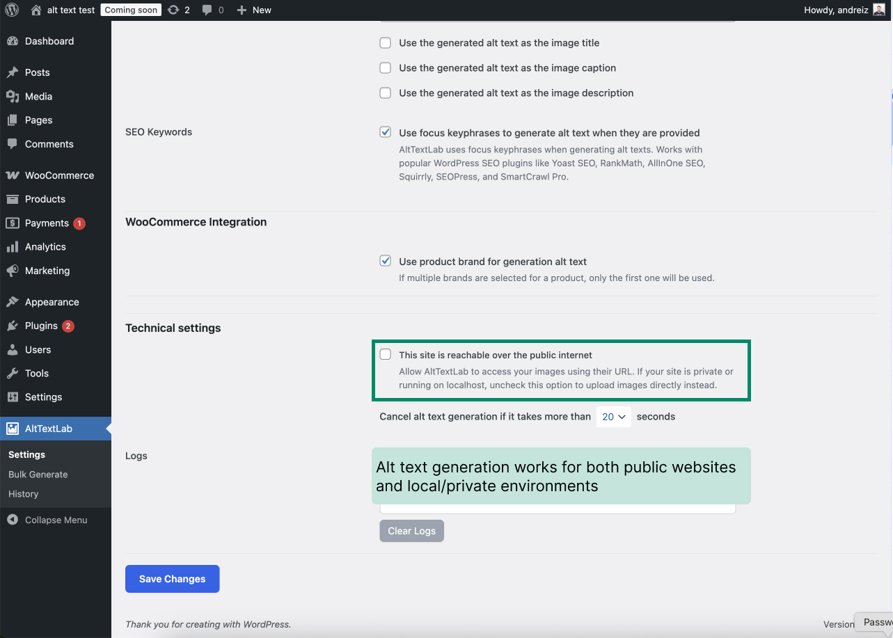 Supports alt text generation for both public and local/private websites