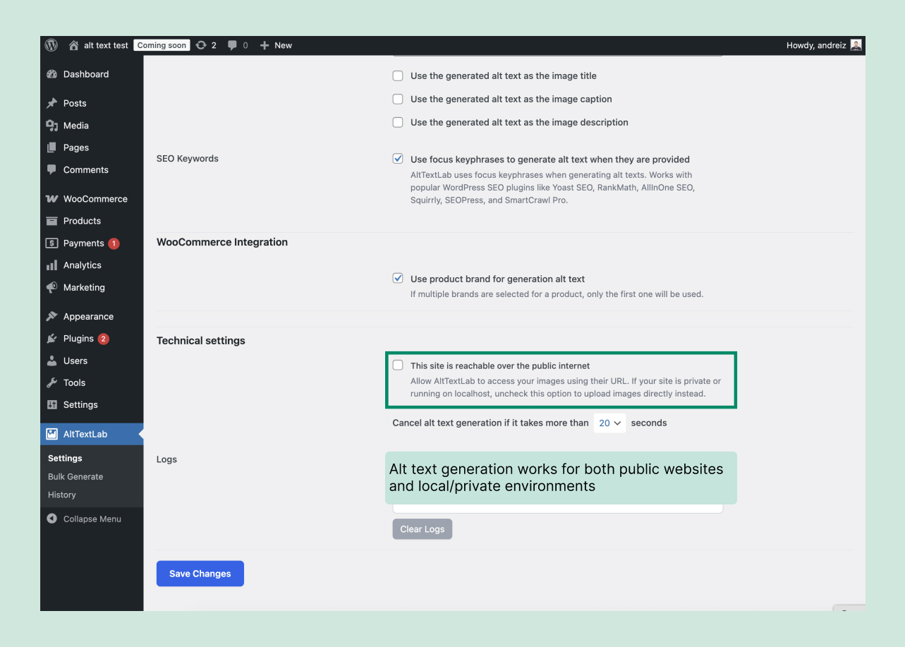 Supports alt text generation for both public and local/private websites