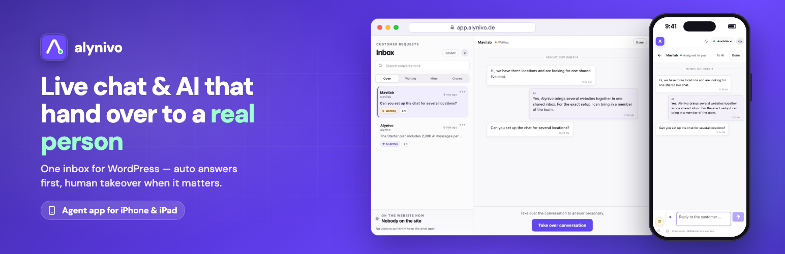 WordPress 外掛 Alynivo – Live Chat & AI Chatbot for Customer Support 的封面圖片