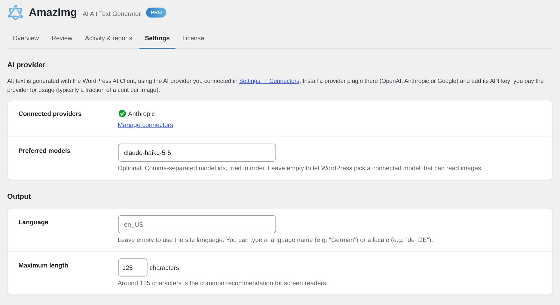 Settings for the free version
