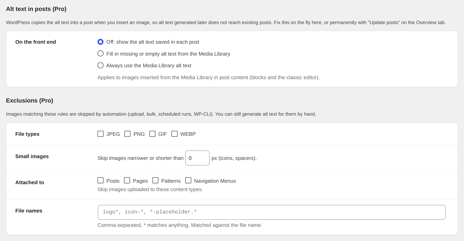 Alt text in posts & Exclusions settings