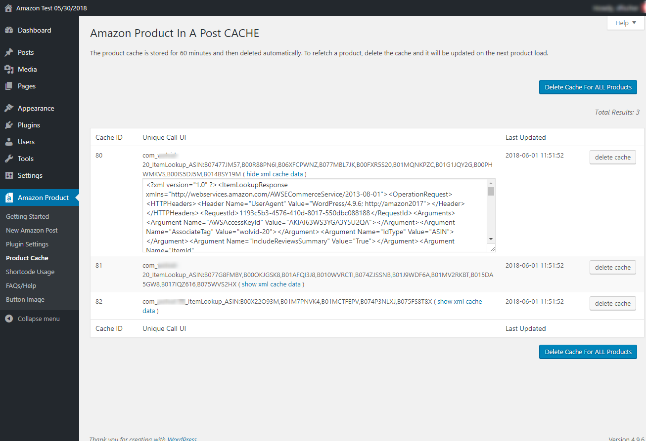 Amazon Cache Page. Allows you to see and delete cached product data.