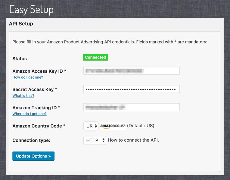 Setup screen. Here you can setup your connection with the Amazon Product Advertising API