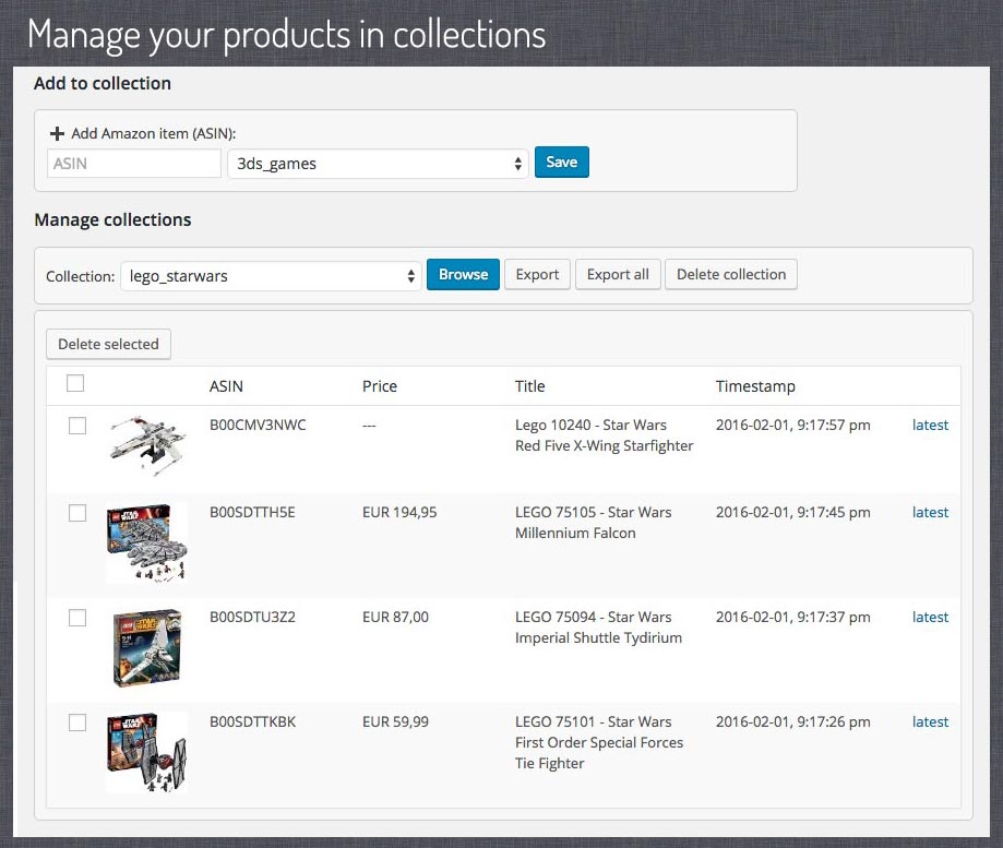 With ASA you can manage Amazon products in collections ...