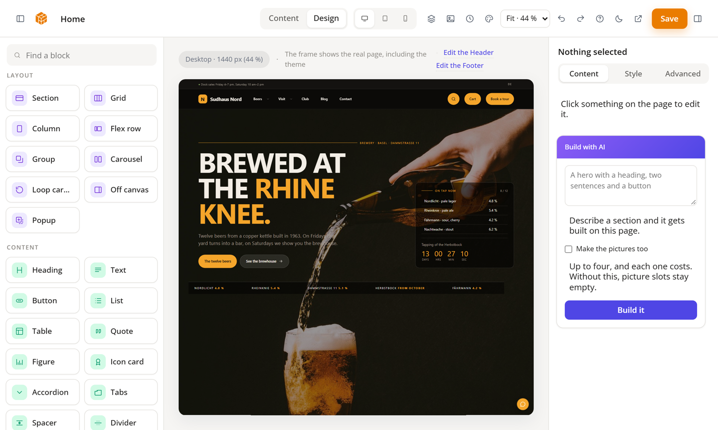 Build the entire website visually: pages, headers, footers and templates in the same editor — the blocks on the left, the page in the middle, the settings on the right.