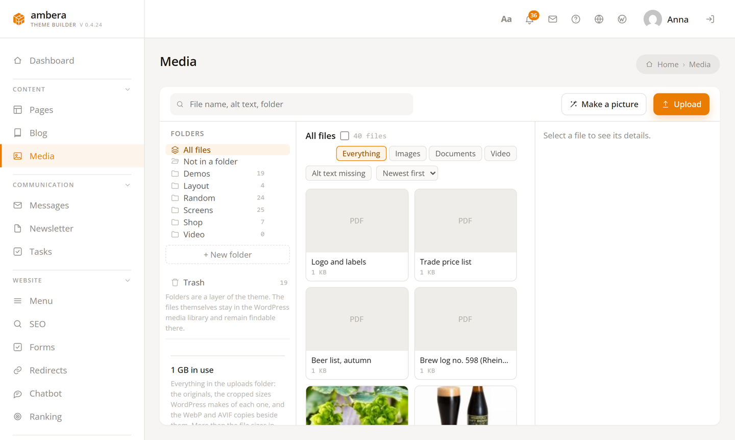 The media manager: folders, search, file types and alternative texts.