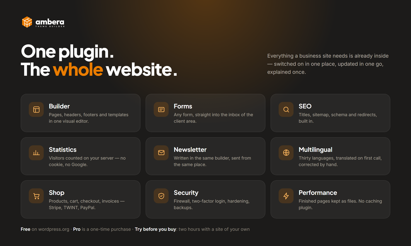 One plugin, the whole website: builder, forms, SEO, statistics, newsletter, languages, shop, security and performance, all inside.