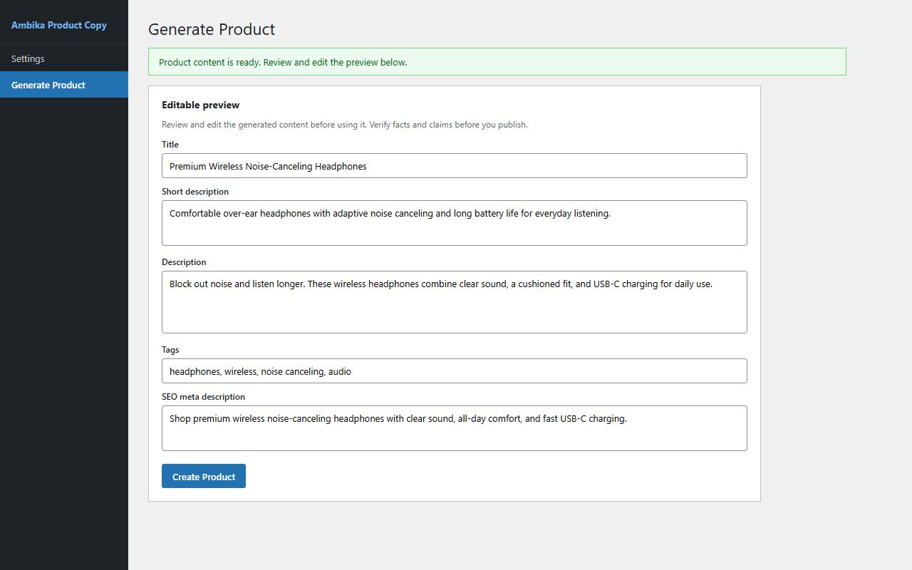 Ambika Product Copy Generator for WooCommerce