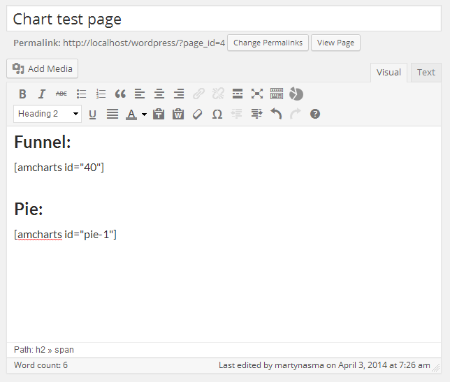 Insert chart easily into body of the post or page using button from the rich editor tool belt. The charts are inserted as Wordpress shortcodes.