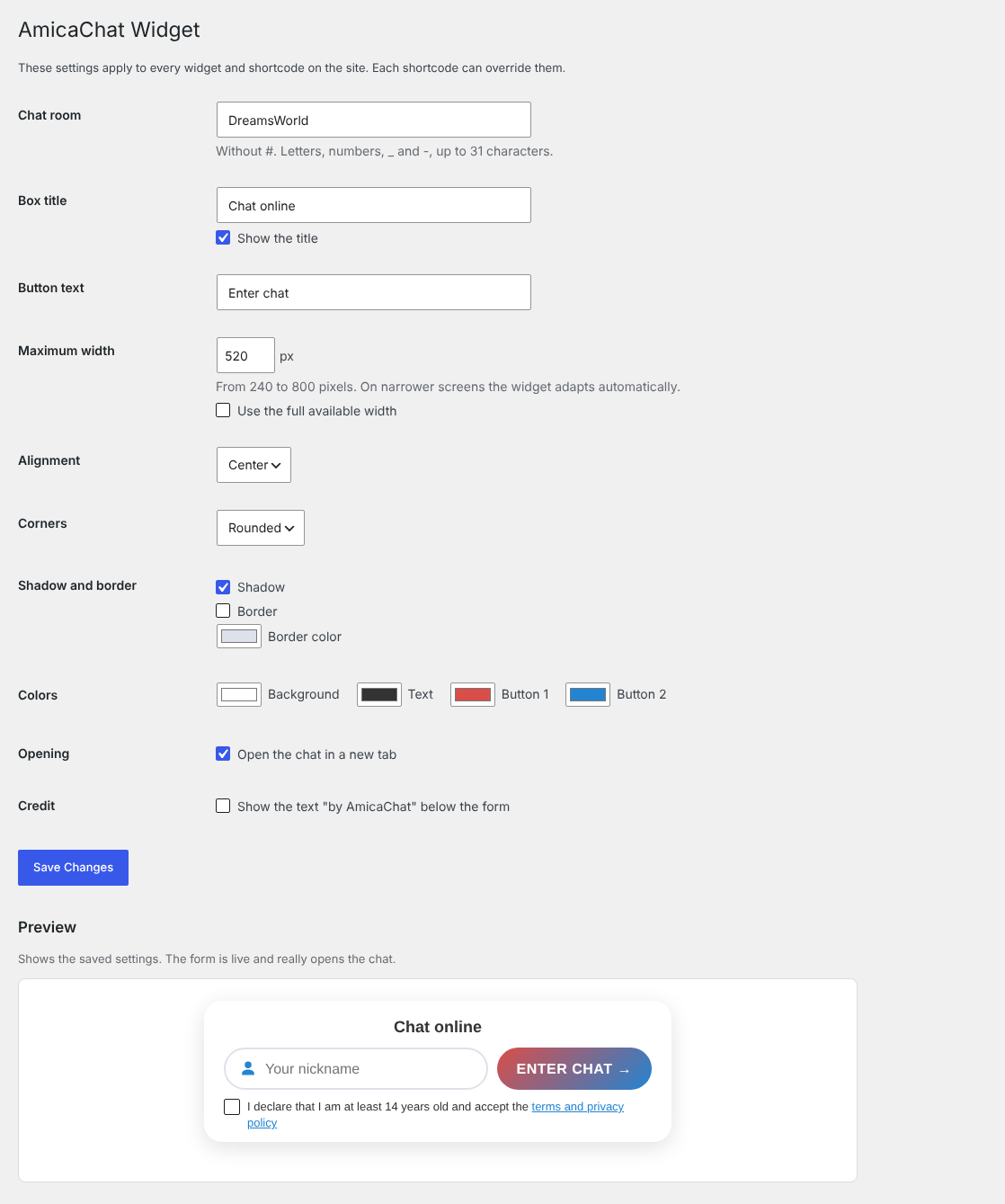 Settings page with all options, live preview and shortcode guide.