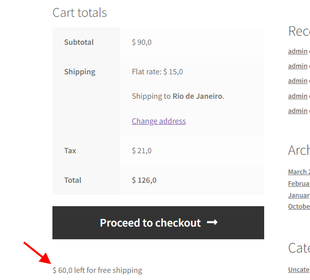 An example of the amount left text being displayed on frontend after the Cart section is enabled.