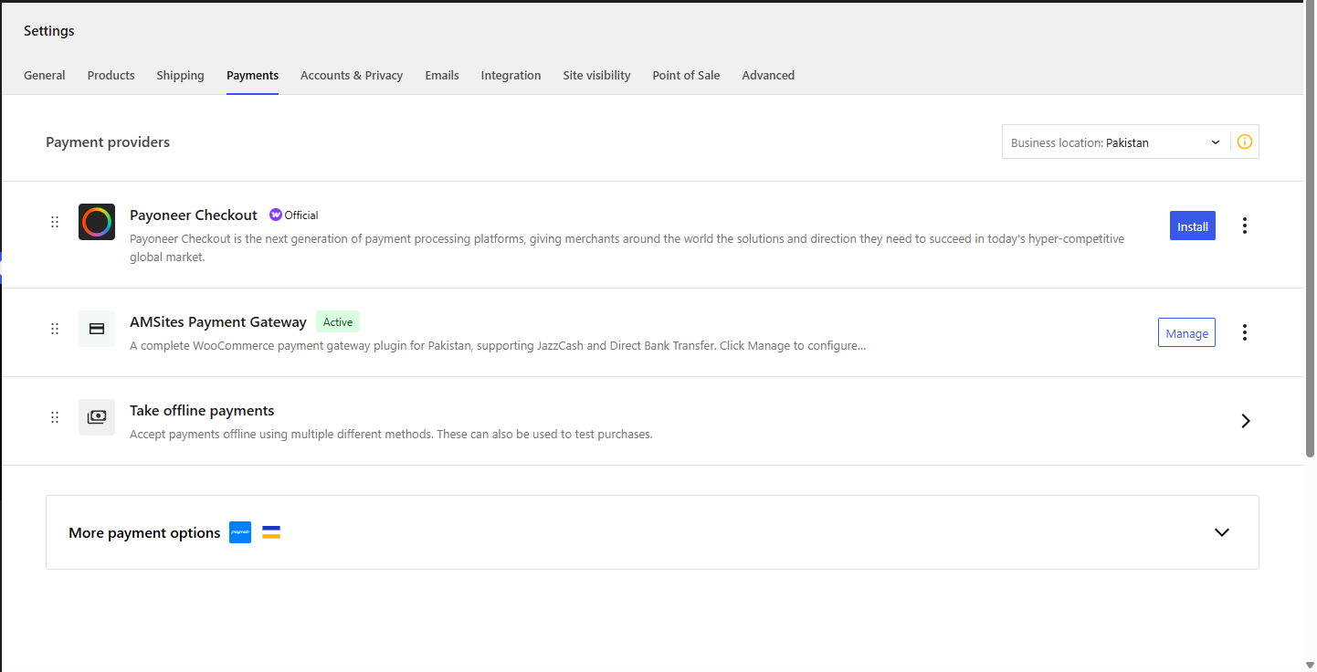 Payments settings screen listing all AMSites Payment Gateway methods.